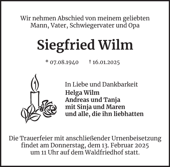 Traueranzeige von Siegfried Wilm 