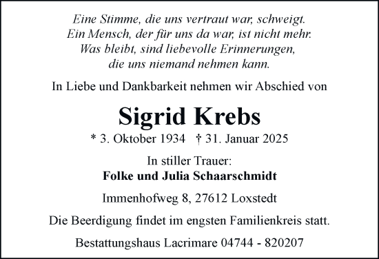 Traueranzeige von Sigrid Krebs 