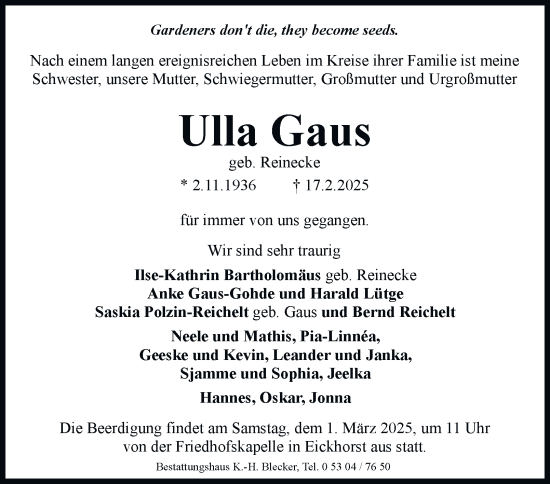 Traueranzeige von Ulla Gaus 