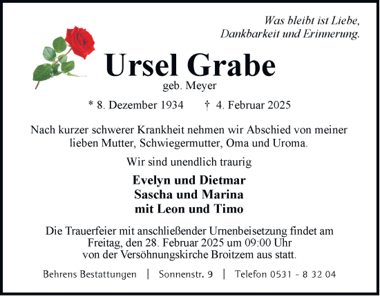 Traueranzeige von Ursel Grabe 