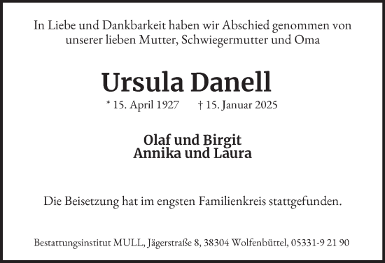 Traueranzeige von Ursula Danell von Wolfenbütteler Zeitung