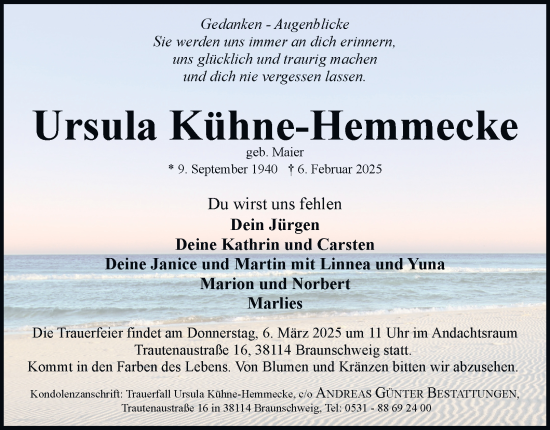 Traueranzeige von Ursula Kühne-Hemmecke 