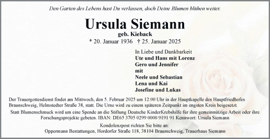 Traueranzeige von Ursula Siemann 