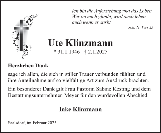 Traueranzeige von Ute Klinzmann von Helmstedter Nachrichten