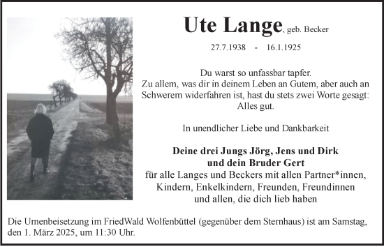 Traueranzeige von Ute Lange von Wolfenbütteler Zeitung