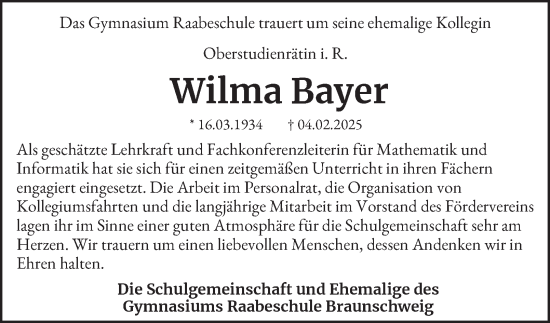 Traueranzeige von Wilma Bayer 