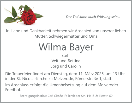 Traueranzeige von Wilma Bayer 