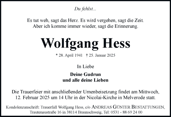 Traueranzeige von Wolfgang Hess 
