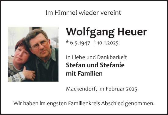 Traueranzeige von Wolfgang Heuer von Helmstedter Nachrichten