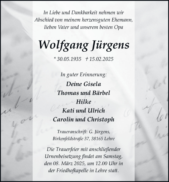 Traueranzeige von Wolfgang Jürgens 
