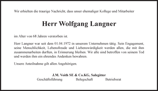 Traueranzeige von Wolfgang Langner von Salzgitter-Zeitung