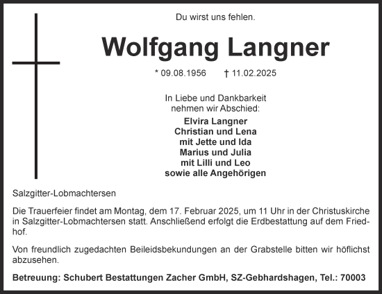 Traueranzeige von Wolfgang Langner von Salzgitter-Zeitung