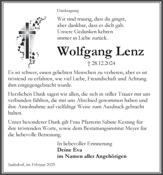 Traueranzeige von Wolfgang Lenz von Helmstedter Nachrichten
