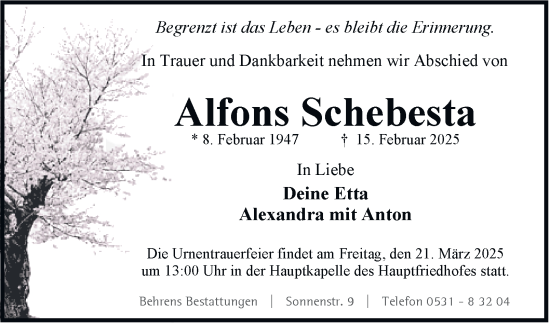 Traueranzeige von Alfons Schebesta 