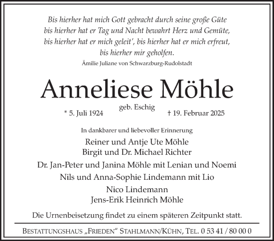 Traueranzeige von Anneliese Möhle von Salzgitter-Zeitung