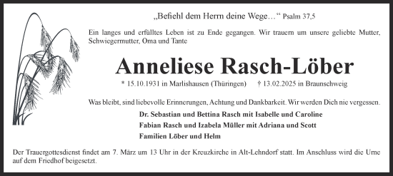 Traueranzeige von Anneliese Rasch-Löber 