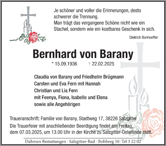 Traueranzeige von Bernhard von Barany von Salzgitter-Zeitung