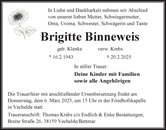 Traueranzeige von Brigitte Binneweis 
