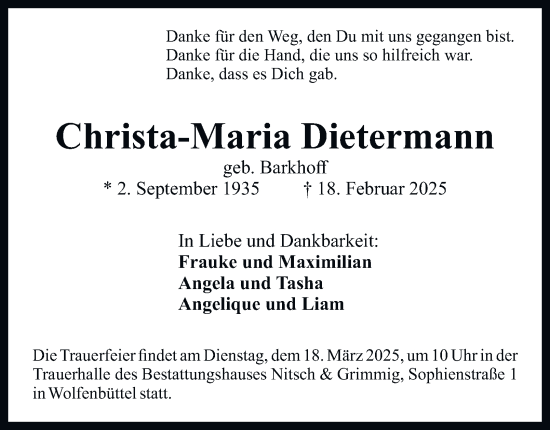 Traueranzeige von Christa-Maria Dietermann von Wolfenbütteler Zeitung