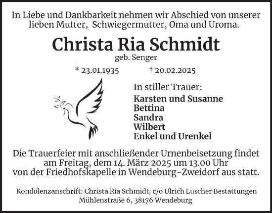 Traueranzeige von Christa Ria Schmidt von Peiner Nachrichten
