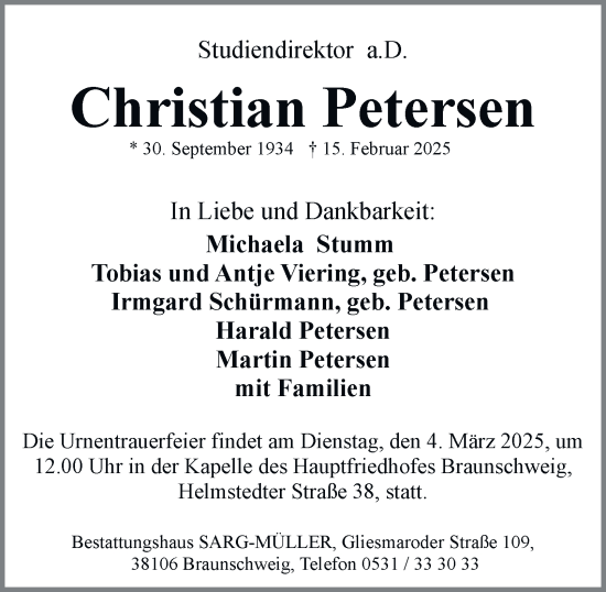 Traueranzeige von Christian Petersen von Salzgitter-Zeitung