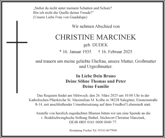 Traueranzeige von Christine Marcinek von Salzgitter-Zeitung