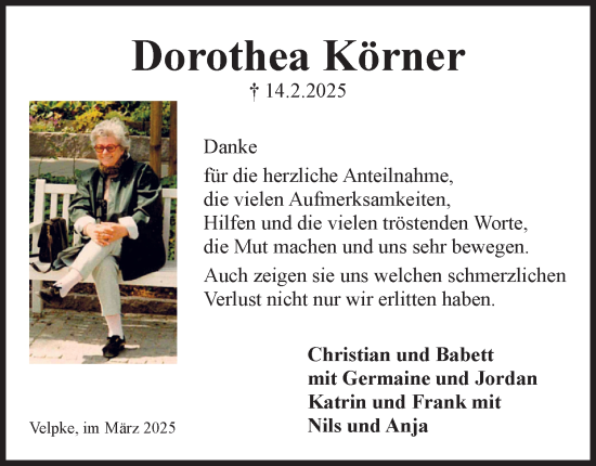 Traueranzeige von Dorothea Körner von Helmstedter Nachrichten