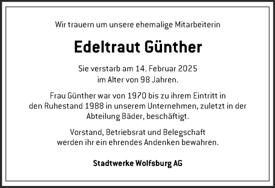 Traueranzeige von Edeltraut Günther 