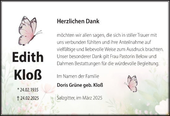 Traueranzeige von Edith Kloß von Salzgitter-Zeitung
