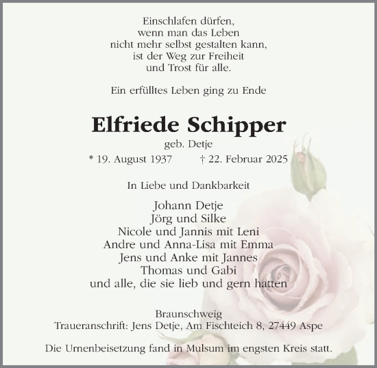 Traueranzeige von Elfriede Schipper 