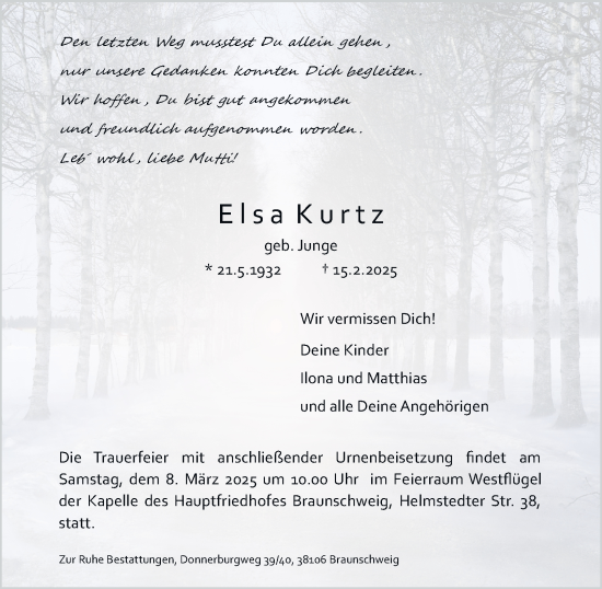 Traueranzeige von Elsa Kurtz 