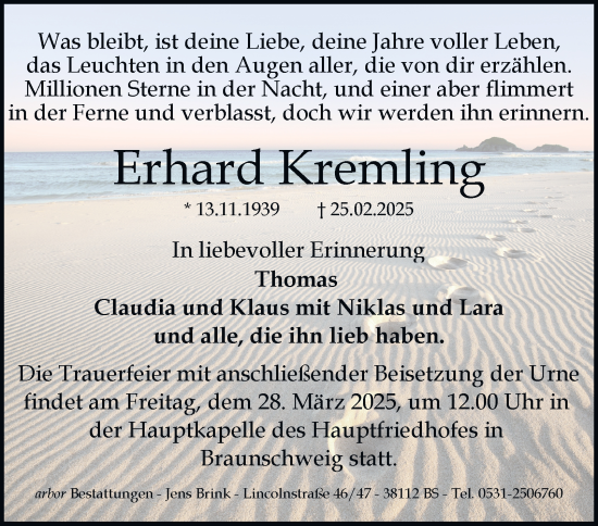 Traueranzeige von Erhard Kremling 