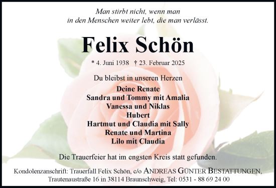 Traueranzeige von Felix Schön 