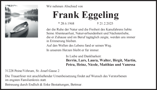 Traueranzeige von Frank Eggeling von Peiner Nachrichten