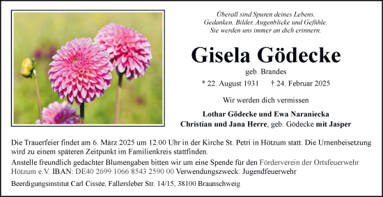 Traueranzeige von Gisela Gödecke 