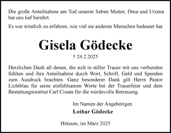 Traueranzeige von Gisela Gödecke 