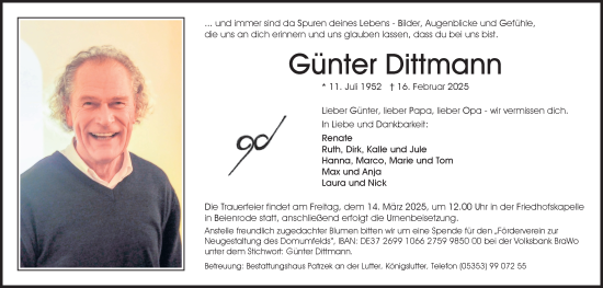 Traueranzeige von Günter Dittmann von Helmstedter Nachrichten