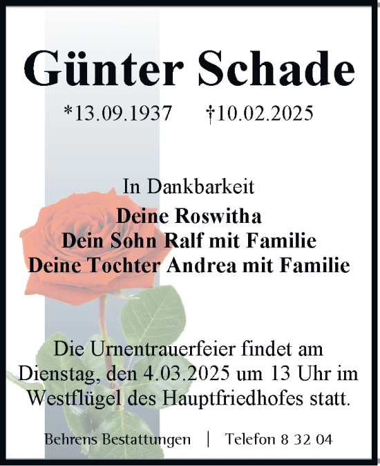 Traueranzeige von Günter Schade 