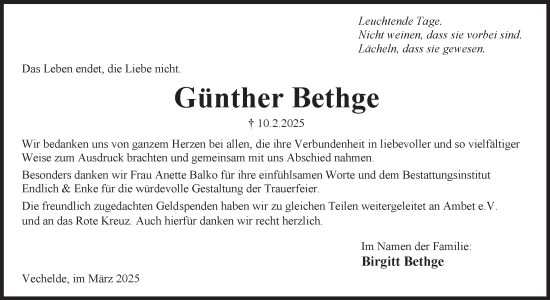 Traueranzeige von Günther Bethge 