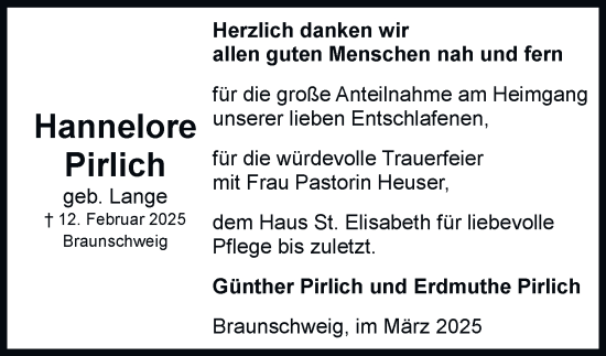 Traueranzeige von Hannelore Pirlich 