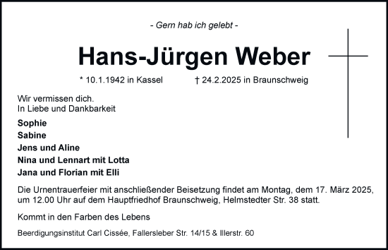 Traueranzeige von Hans-Jürgen Weber 