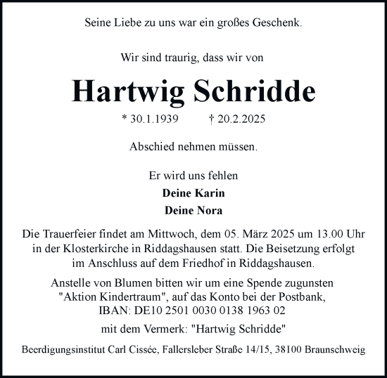 Traueranzeige von Hartwig Schridde 