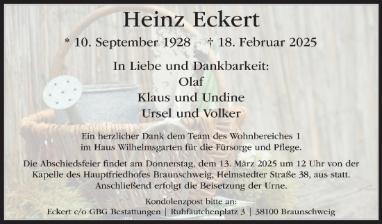 Traueranzeige von Heinz Eckert 