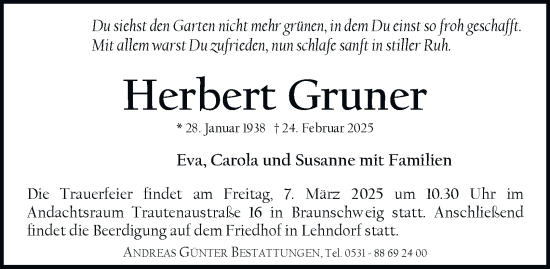 Traueranzeige von Herbert Gruner 