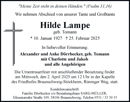 Traueranzeige von Hilde Lampe 