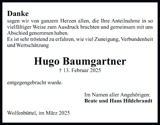 Traueranzeige von Hugo Baumgartner von Wolfenbütteler Zeitung