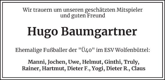Traueranzeige von Hugo Baumgartner von Wolfenbütteler Zeitung