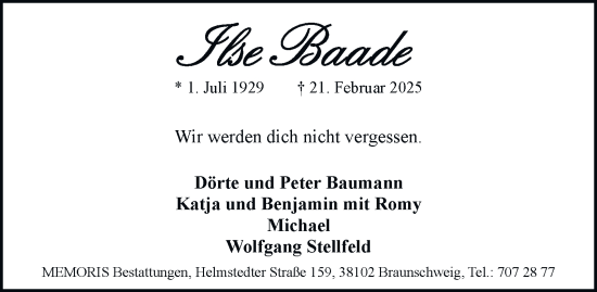 Traueranzeige von Ilse Baade 
