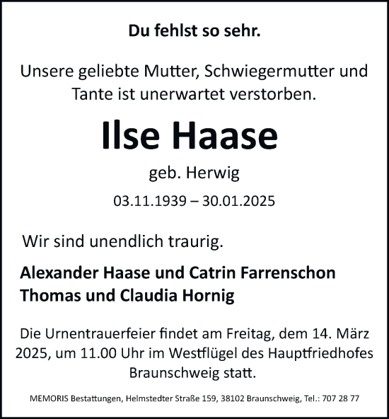 Traueranzeige von Ilse Haase 