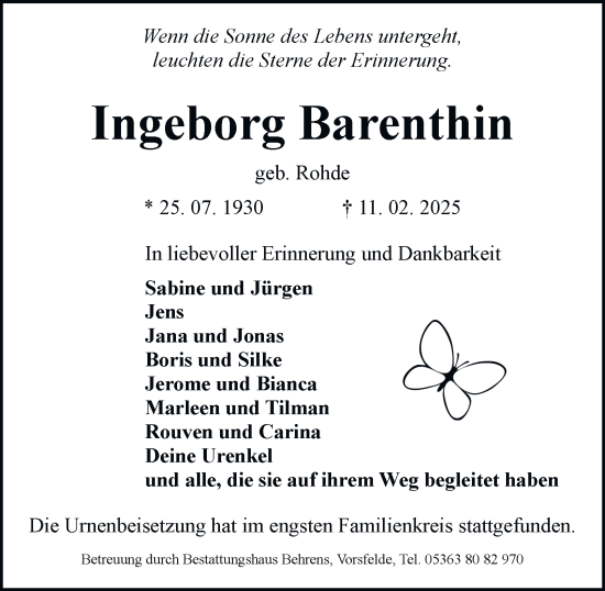 Traueranzeige von Ingeborg Barenthin 